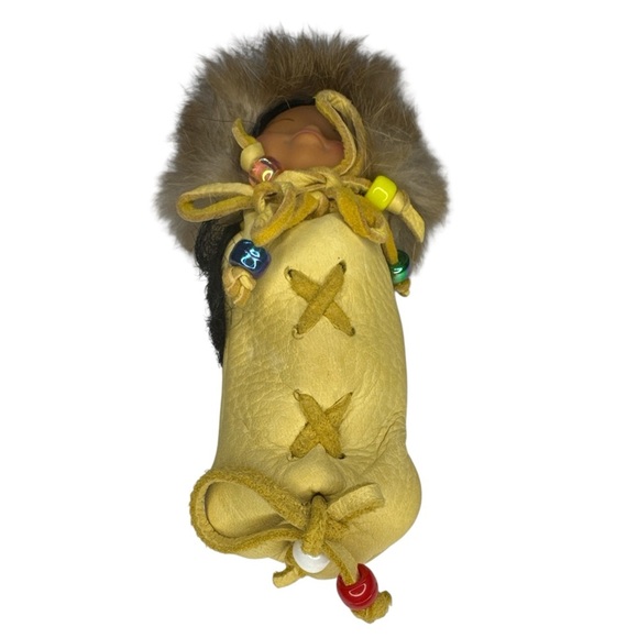 Vintage Handmade Native Style Doll Leather Beaded Fur Hood 7” - Picture 5 of 7